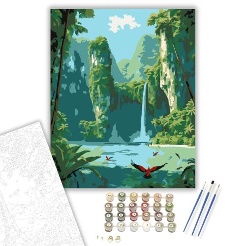 Rejtett Lagúna Vízeséssel - számfestő készlet - Számfestő.hu - 60×70cm - keret nélkül
