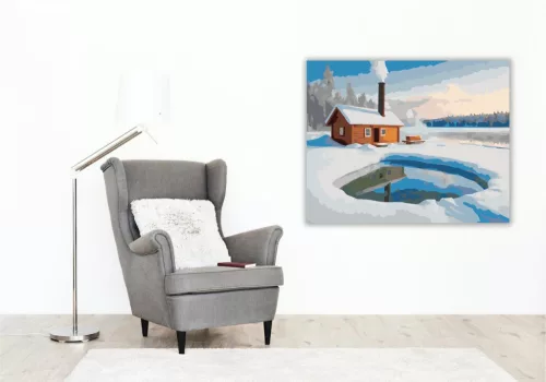 Téli Szauna a Fagyott Tavon - számfestő készlet - Számfestő.hu - 40×50cm - keret nélkül