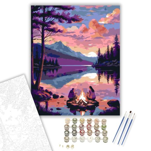 Naplemente Tóparti Tábortűz - számfestő készlet - Számfestő.hu - 50×60cm - keretre feszítve
