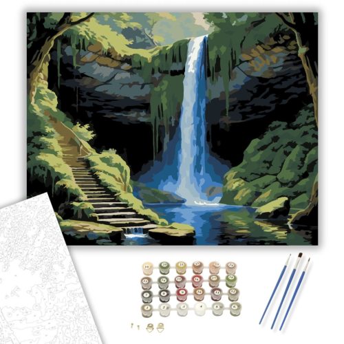 Rejtett Vízesés Mögötti Barlang - számfestő készlet - Számfestő.hu - 60×70cm - keretre feszítve