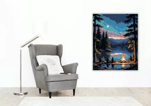 Éjszakai Tábortűz a Tóparton - számfestő készlet - Számfestő.hu - 80×100cm - Keret nélkül
