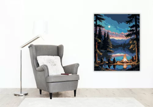 Éjszakai Tábortűz a Tóparton - számfestő készlet - Számfestő.hu - 50×60cm - keret nélkül