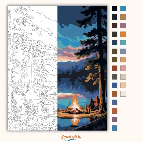 Éjszakai Tábortűz a Tóparton - számfestő készlet - Számfestő.hu - 40×50cm - Keretre feszítve