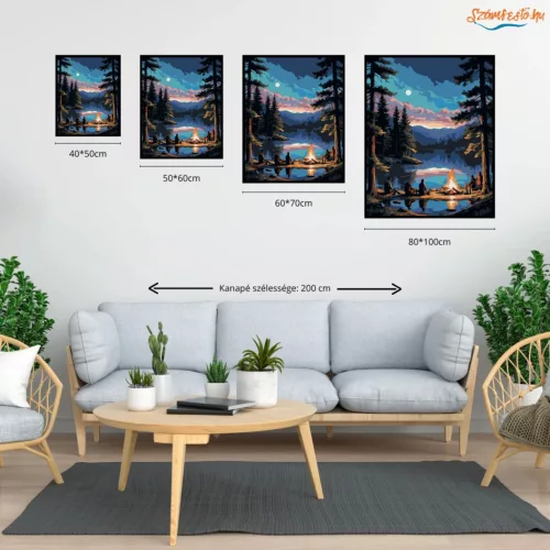Éjszakai Tábortűz a Tóparton - számfestő készlet - Számfestő.hu - 40×50cm - Keret nélkül