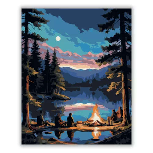 Éjszakai Tábortűz a Tóparton - számfestő készlet - Számfestő.hu - 40×50cm - Keretre feszítve