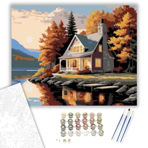 Őszi Tóparti Házikó - számfestő készlet - Számfestő.hu - 80×100cm - keret nélkül
