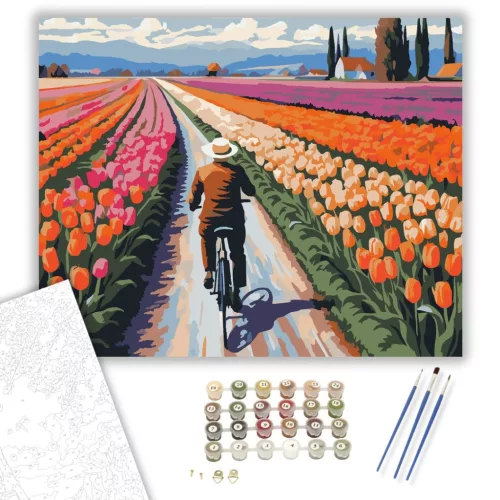 Kerékpáros a Tulipános Út Mentén - számfestő készlet - Számfestő.hu - 60×70cm - keret nélkül