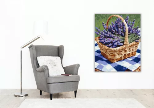 Levendulacsokor Piknikkosárban - számfestő készlet - Számfestő.hu - 50×60cm - keretre feszítve