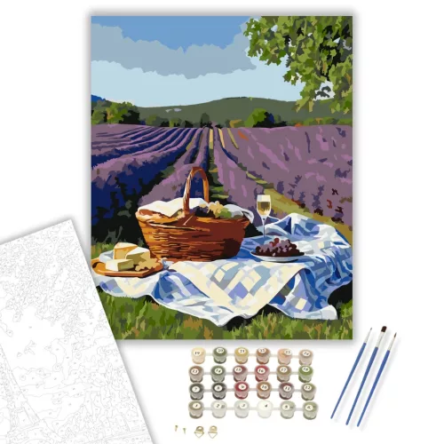 Romantikus Piknik a Levendulamezőn - számfestő készlet - Számfestő.hu - 60×70cm - keretre feszítve