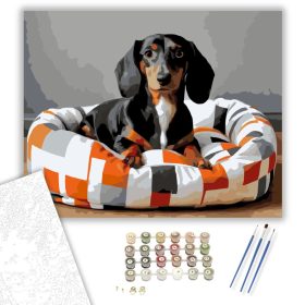 Tacskó a Modern Mintás Ágyon - számfestő készlet - Számfestő.hu - 40×50cm - keret nélkül