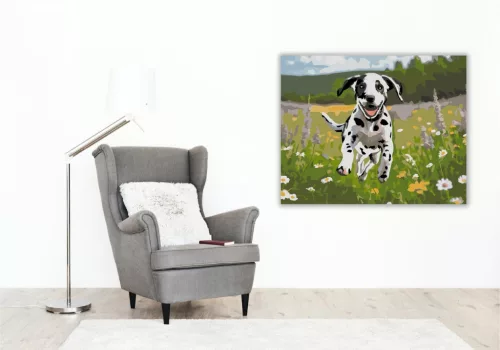 Vidám Dalmatakölyök a Vadvirágos Mezőn - számfestő készlet - Számfestő.hu - 60×70cm - keret nélkül