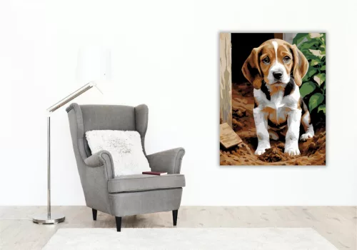 Beagle Kölyök a Kertben - számfestő készlet - Számfestő.hu - 50×60cm - keret nélkül