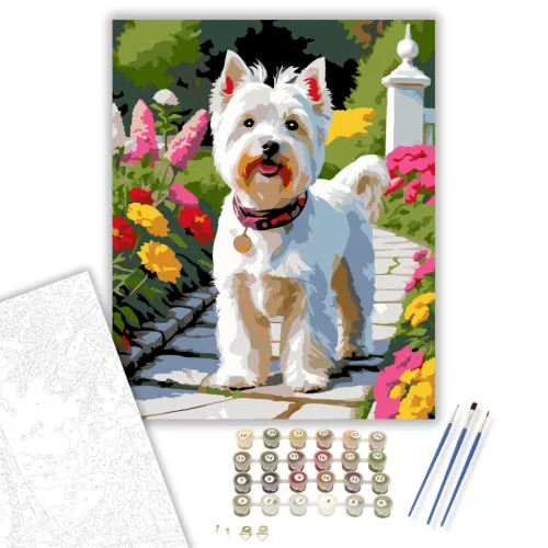 West Highland White Terrier a Kerti Ösvényen - számfestő készlet - Számfestő.hu - 50×60cm - keretre feszítve