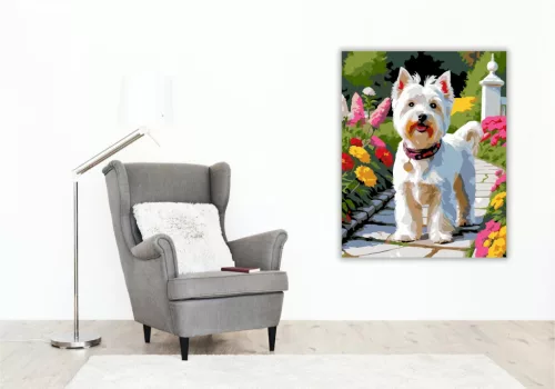 West Highland White Terrier a Kerti Ösvényen - számfestő készlet - Számfestő.hu - 80×100cm - keretre feszítve