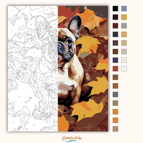 Francia Bulldog Őszi Levelek Között - számfestő készlet - Számfestő.hu - 60×70cm - Keret nélkül