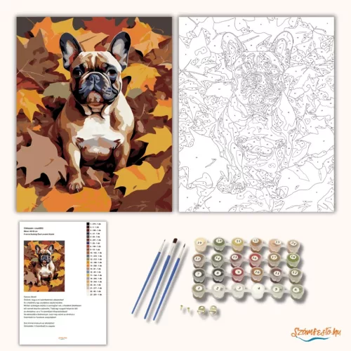 Francia Bulldog Őszi Levelek Között - számfestő készlet - Számfestő.hu - 80×100cm - Keret nélkül