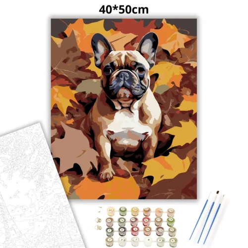 Francia Bulldog Őszi Levelek Között - számfestő készlet - Számfestő.hu - 40×50cm - Keret nélkül