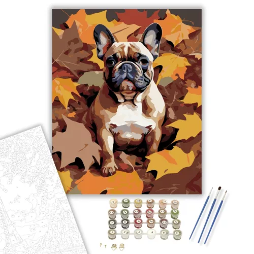 Francia Bulldog Őszi Levelek Között - számfestő készlet - Számfestő.hu - 50×60cm - keret nélkül