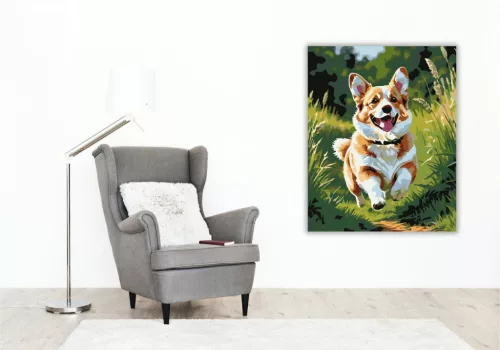 Corgi Fut a Mezőn - számfestő készlet - Számfestő.hu - 80×100cm - keret nélkül