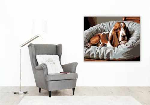 Alvó Basset Hound Kényelmes Ágyon - számfestő készlet - Számfestő.hu - 50×60cm - keret nélkül
