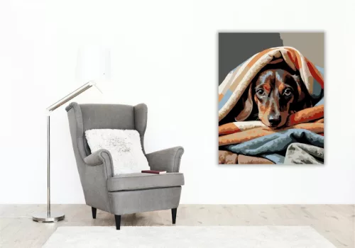 Kíváncsi Tacskó a Takarók Között - számfestő készlet - Számfestő.hu - 50×60cm - keretre feszítve