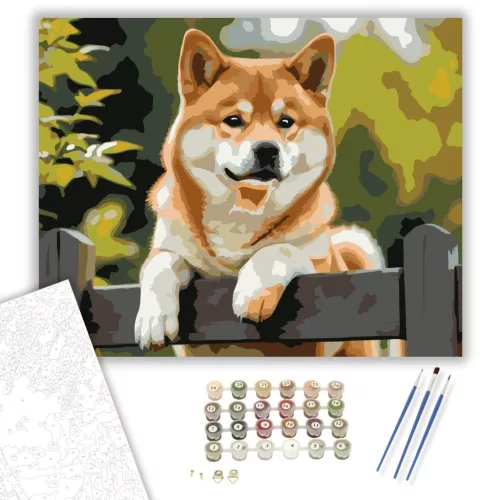 Shiba Inu a Kerítésen - számfestő készlet - Számfestő.hu - 60×70cm - keret nélkül