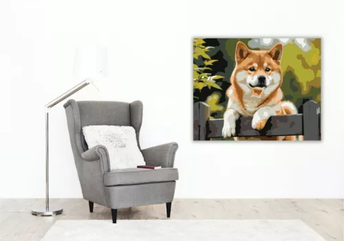 Shiba Inu a Kerítésen - számfestő készlet - Számfestő.hu - 60×70cm - keretre feszítve