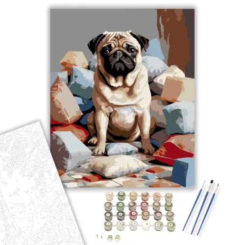 Mopsz a Párnák Közt - számfestő készlet - Számfestő.hu - 80×100cm - keretre feszítve