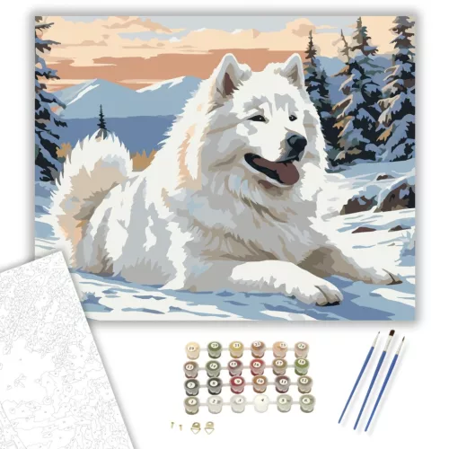 Samoyed a Havas Tájon - számfestő készlet - Számfestő.hu - 50×60cm - keretre feszítve