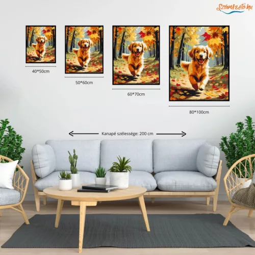 Golden Retriever Kiskutya Őszi Erdőben - számfestő készlet - Számfestő.hu - 50×60cm - Keret nélkül