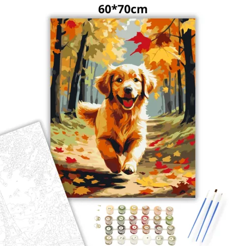 Golden Retriever Kiskutya Őszi Erdőben - számfestő készlet - Számfestő.hu - 60×70cm - Keret nélkül