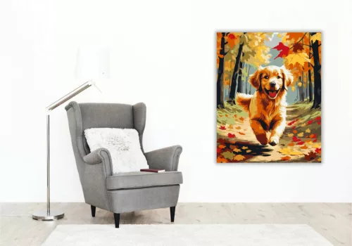 Golden Retriever Kiskutya Őszi Erdőben - számfestő készlet - Számfestő.hu - 60×70cm - Keret nélkül