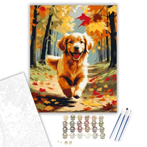 Golden Retriever Kiskutya Őszi Erdőben - számfestő készlet - Számfestő.hu - 60×70cm - keretre feszítve