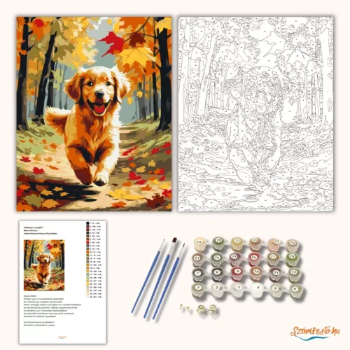 Golden Retriever Kiskutya Őszi Erdőben - számfestő készlet - Számfestő.hu - 40×50cm - Keretre feszítve