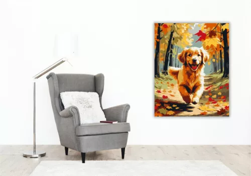Golden Retriever Kiskutya Őszi Erdőben - számfestő készlet - Számfestő.hu - 80×100cm - keret nélkül