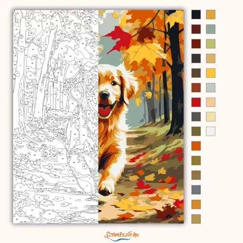 Golden Retriever Kiskutya Őszi Erdőben - számfestő készlet - Számfestő.hu - 40×50cm - Keret nélkül