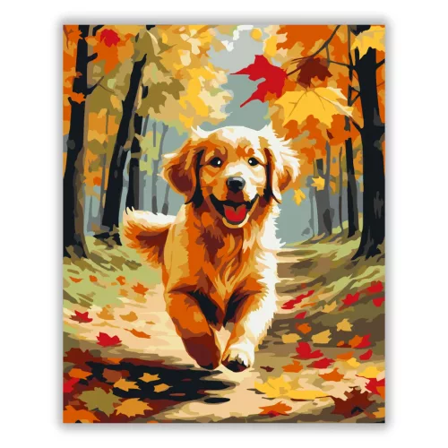 Golden Retriever Kiskutya Őszi Erdőben - számfestő készlet - Számfestő.hu - 40×50cm - Keret nélkül