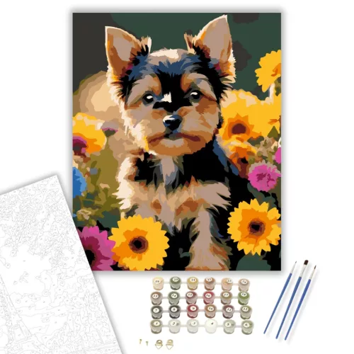 Yorkshire Terrier Kiskutya Virágok Között - számfestő készlet - Számfestő.hu - 80×100cm - keret nélkül