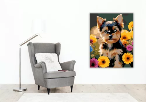 Yorkshire Terrier Kiskutya Virágok Között - számfestő készlet - Számfestő.hu - 80×100cm - keret nélkül