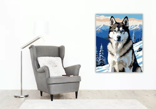 Szibériai Husky a Hegytetőn - számfestő készlet - Számfestő.hu - 50×60cm - keretre feszítve