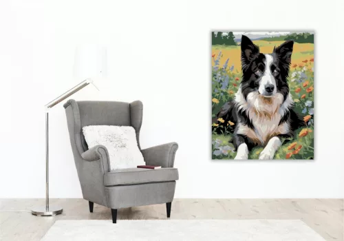 Border Collie Vadvirágos Mezőn - számfestő készlet - Számfestő.hu - 80×100cm - keretre feszítve