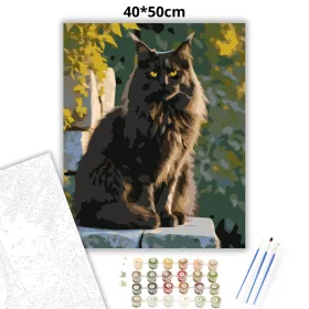 Fekete Maine Coon Kőfalon - számfestő készlet - Számfestő.hu - 40×50cm - Keret nélkül