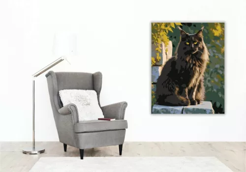Fekete Maine Coon Kőfalon - számfestő készlet - Számfestő.hu - 40×50cm - Keretre feszítve