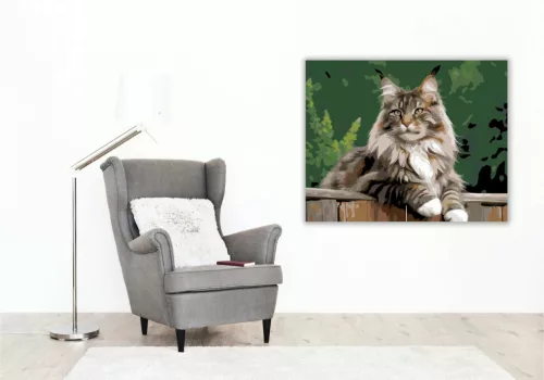 Büszke Maine Coon a Kerítésen - számfestő készlet - Számfestő.hu - 40×50cm - Keretre feszítve