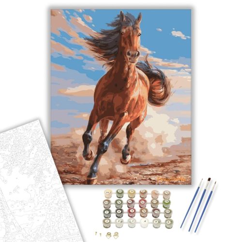 Vágtató barna ló - számfestő készlet - Számfestő.hu - 80×100cm - keretre feszítve