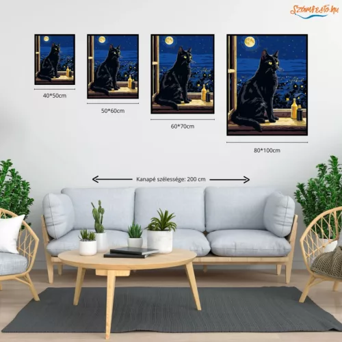 Éjszakai Fekete Macska Ablakban - számfestő készlet - Számfestő.hu - 40×50cm - Keret nélkül