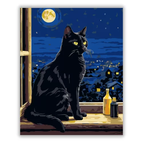 Éjszakai Fekete Macska Ablakban - számfestő készlet - Számfestő.hu - 40×50cm - Keret nélkül