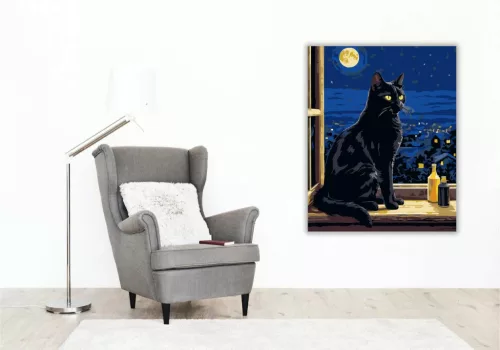 Éjszakai Fekete Macska Ablakban - számfestő készlet - Számfestő.hu - 40×50cm - Keret nélkül