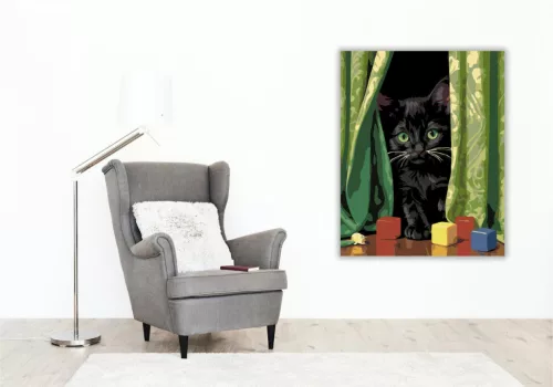 Játékos Fekete Kiscica Függöny Mögött - számfestő készlet - Számfestő.hu - 40×50cm - keretre feszítve