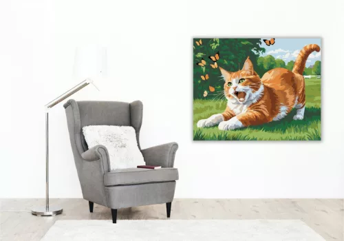 Játékos Vörös Cirmos Pillangókkal - számfestő készlet - Számfestő.hu - 40×50cm - keret nélkül